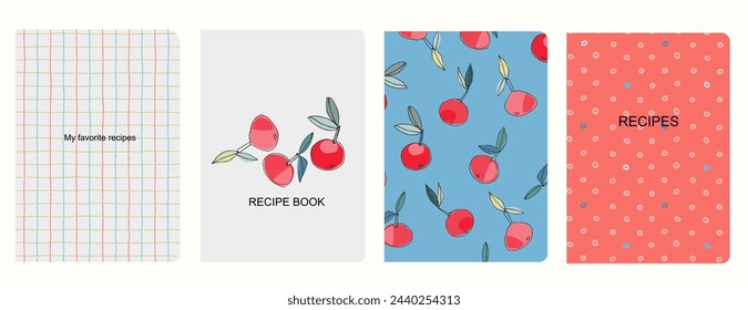 Cover page vector templates for recipe books based on seamless patterns with hand drawn apples, pears, plums. Cookery books cover layout. Healthy fruit, vegan food concept