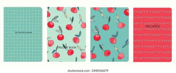 Cover page vector templates for recipe books based on seamless patterns with hand drawn apples, pears, plums. Cookery books cover layout. Healthy fruit, vegan food concept