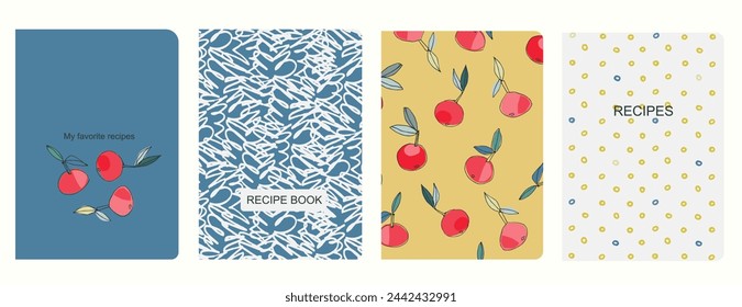 Cover page vector templates for recipe books based on seamless patterns with hand drawn apples, pears, plums. Cookery books cover layout. Healthy fruit, vegan food concept