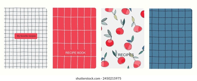 Cover page vector templates for recipe books based on seamless patterns with hand drawn apples, pears, plums. Cookery books cover layout. Healthy fruit, vegan food concept