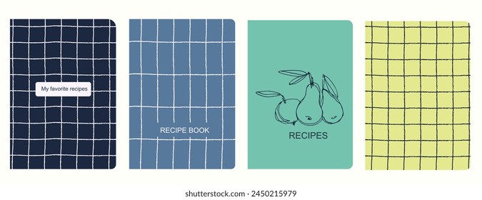 Cover page vector templates for recipe books based on seamless patterns with hand drawn apples, pears, plums. Cookery books cover layout. Healthy fruit, vegan food concept