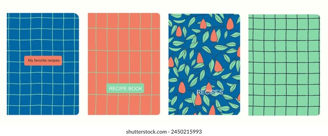 Cover page vector templates for recipe books based on seamless patterns with hand drawn apples, pears, plums. Cookery books cover layout. Healthy fruit, vegan food concept