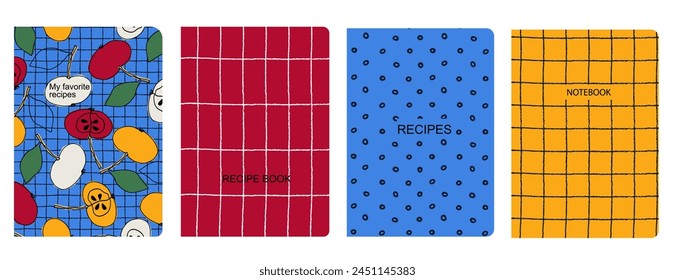 Cover page vector templates for recipe books based on seamless patterns with hand drawn apples, pears, plums. Cookery books cover layout. Healthy fruit, vegan food concept