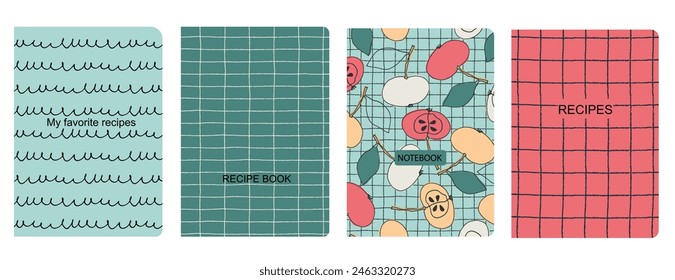 Cover page vector templates for recipe books based on seamless patterns with hand drawn fruits, vegetables, kitchen utensils Healthy fruit, vegan food concept