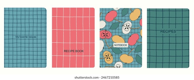 Cover page vector templates for recipe books based on seamless patterns with hand drawn fruits, vegetables, kitchen utensils Healthy fruit, vegan food concept