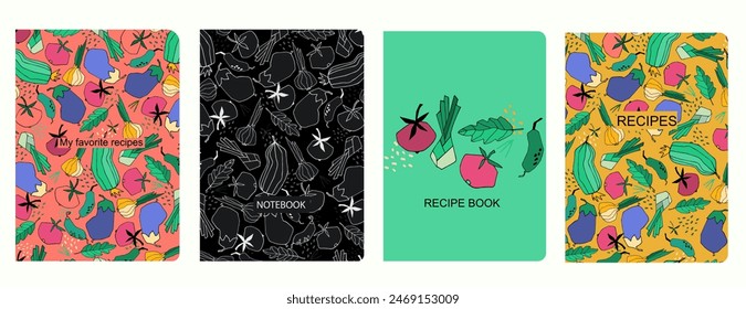 Cover page vector templates for recipe books based on seamless patterns with hand drawn fruits, vegetables, kitchen utensils Healthy fruit, vegan food concept