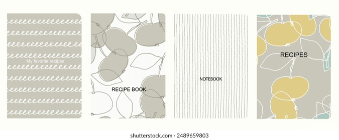 Cover page vector templates for recipe books based on seamless patterns with hand drawn fruits, vegetables, kitchen utensils Healthy fruit, vegan food concept