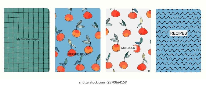 Cover page vector templates for recipe books based on seamless patterns with hand drawn apples, pears, plums. Cookery books cover layout. Healthy fruit, vegan food concept