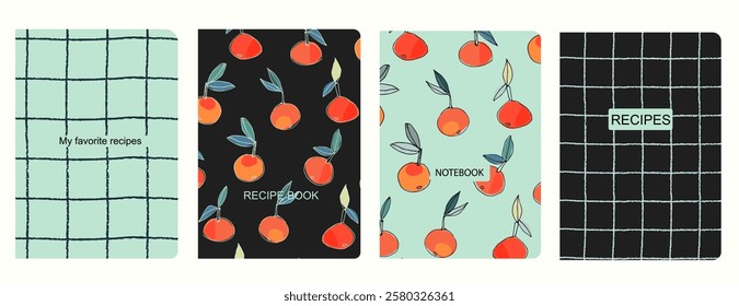 Cover page vector templates for recipe books based on seamless patterns with hand drawn apples, pears, plums. Cookery books cover layout. Healthy fruit, vegan food concept