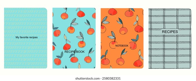 Cover page vector templates for recipe books based on seamless patterns with hand drawn apples, pears, plums. Cookery books cover layout. Healthy fruit, vegan food concept