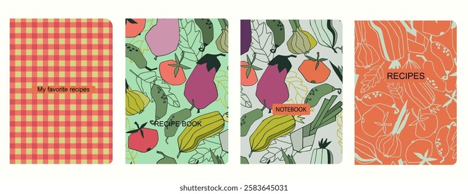 Cover page vector templates for recipe books based on seamless patterns with hand drawn vegetables. Cookery books cover layout. Healthy food, vegan food concept