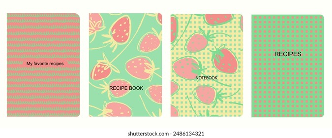 Cover page vector templates for recipes books with hand drawn strawberries. Cookery books cover layout. Based on seamless patterns. Headers isolated and replaceable