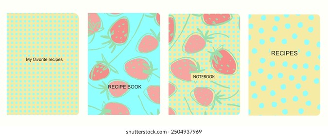 Cover page vector templates for recipes books with hand drawn strawberries. Cookery books cover layout. Based on seamless patterns. Headers isolated and replaceable