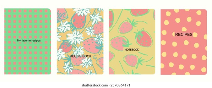 Cover page vector templates for recipes books with hand drawn strawberries. Cookery books cover layout. Based on seamless patterns. Headers isolated and replaceable