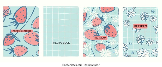 Cover page vector templates for recipes books with hand drawn strawberries. Cookery books cover layout. Based on seamless patterns. Headers isolated and replaceable