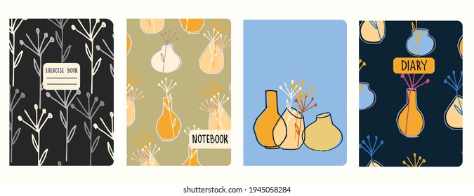Cover page vector templates with vases and dried plants. Headers isolated and replaceable