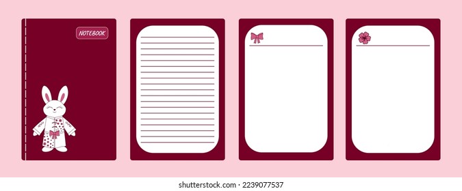 Cover and pages notebook with Chinese hare in kimono with flowers. Viva Magenta. Vector illustration. Trend Design for sketchbook, notebook, books, brochures, templates, planners, brochures, catalogs
