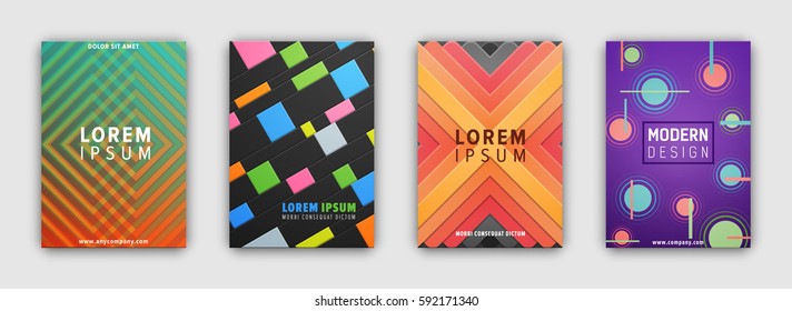 Cover pattern template with geometric figures. Vector poster of four covers with colorful futuristic print in flat style. Elements with straight stripes, round spots and space for writing in center