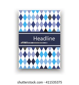 Cover with a pen on a rhombuses background in blue and gray tones. Brochure template layout. title sheet. analytic publication. creative art. cover design annual report.colorful. Vector Illustration.
