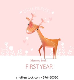 Cover for the photo album "little princess". Little deer on a pink background. Memory book. The first year of the child.