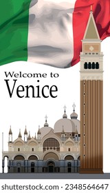 
Cover photo book on Italy, San Marco square and flag of Italy. Vector.