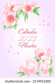 Cover with pink peonies on a light gradient background for a vertical calendar 2023 with different flowers on 12 pages