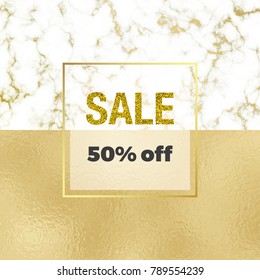 Cover placard sale white, golden marble or stone texture and gold foil background with gold glitter sale. Templates for your designs, banner, card, flyer, invitation, party, birthday, wedding, baby sh