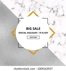 Cover placard sale white marble or stone texture and silver foil texture. Trendy geometric poster. Templates for your designs, banner, card, flyer, invitation, party, birthday, wedding, online shop
