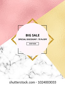 Cover placard sale white marble or stone texture and pink, gold foil texture and glitter frame background. Templates for your designs, banner, card, flyer, invitation, party, birthday, wedding
