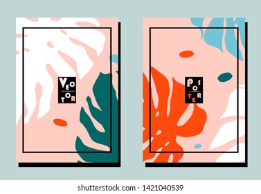 Cover with plant elements - monstera leaves. Blue, orange, turquoise, white, pink colors.Two abstract modern vector templates of flyers. A4 format. 