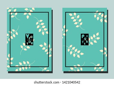 Cover with plant elements - sprigs with leaves. Blue and white colors.Two floral vector templates of flyers. A4 format. 