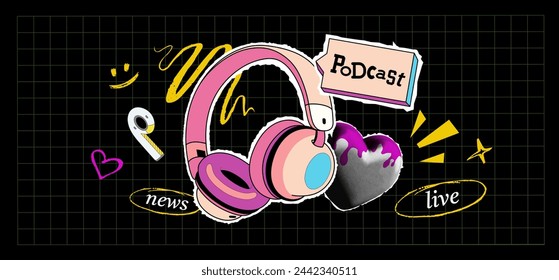 Cover for podcast. Headphones illustrations, speech bubbles with text blocks and drawn elements. Vector Collage in trendy grunge style with flat illustration. Use for news, talk show, interview.