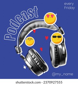 A cover for a podcast. Headphones with likes and emoji. Vector collage with textures and doodles on blue background