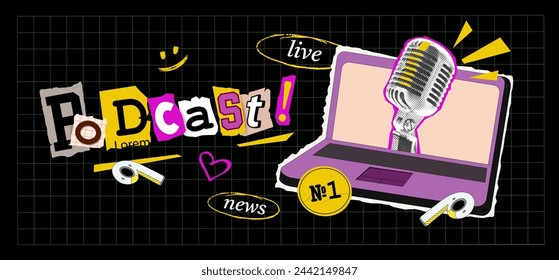 Cover for podcast. Laptop illustrations, speech bubbles with collage microphone, drawn elements in dark background. Vector Collage in trendy retro style with flat illustration. Paper cut-out