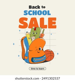 Cover for a post on a social network, advertising, card, poster: "Sale. Back to school."Cartoon groovy characters:backpack, book, ruler, pencil, eraser, basketball, retro style. Discount, promo.Vector