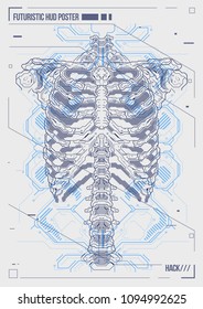 Cover or poster design human body with futuristic hud elements. Hologram Human anatomy and skeleton.