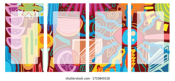 Cover & Poster Design Summer Template POSM, Trendy Abstract Colorful Geometric and Curve Vektorgrafik Collage mit Typografie für Cover, Buch, Social Media Story und Page Layout Design Buch.