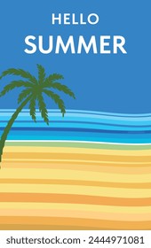Portada, póster, póster - Hola Verano. Fondo de verano con mar y palmera. Vector Plantilla.