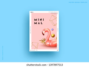 Cover poster pink flamingo and 3d objects of different shapes, gold palm leaves, geometric volume elements. Design Minimal Abstract Background. Trendy banner, flyer, page website.