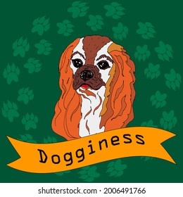 Cover, poster or postcard.  dogginess. Spaniel Cute dog in a frame of a dog's paws . vector illustration. 