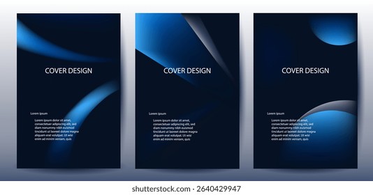Cover poster set. Abstract minimalist Blue fluid gradient on Black background. Social ads banner