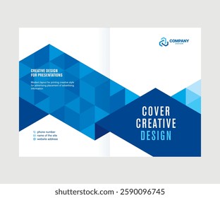 Cover for presentation, catalog, annual report, creative abstract design, blue triangle background