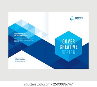 Cover for presentation, catalog, annual report, creative abstract design, blue triangle background