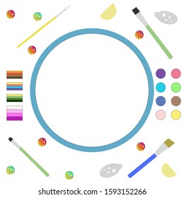 Cover with professional materials for face paint. Paints, split cakes, sponges, brushes, sequins, stencils. Isolated on white background. Vector graphics.