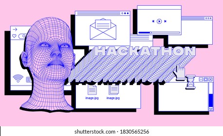 Cover for Programming Hackathon events with collage of user interface elements and typographic composition. Vaporwave aesthetics of 80's-90's.
