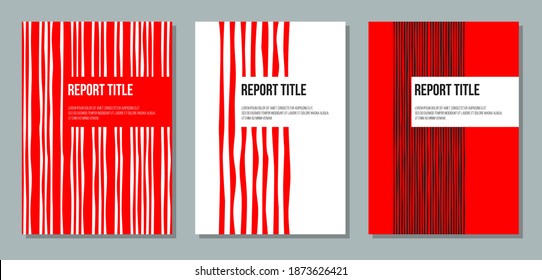 cover for report brochure with curved stripes, white red black colored vector set