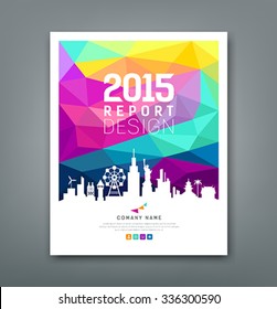 Cover report colorful geometric shapes with silhouette landmarks design background, vector illustration