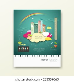 Cover Report colorful paper house and clouds ecology concept design background, vector illustration