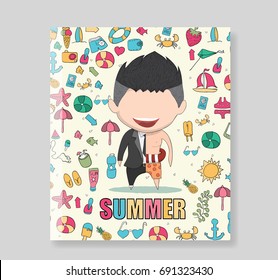Cover report of a happy face man. a concept of balancing life holiday at sea, enjoy summer holidays. drawing by hand vector