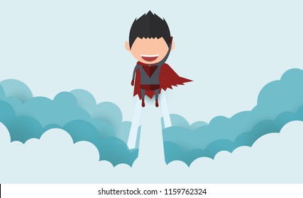 Cover report a happy face superhero on sky.startup concept. flat design. Vector illustration.